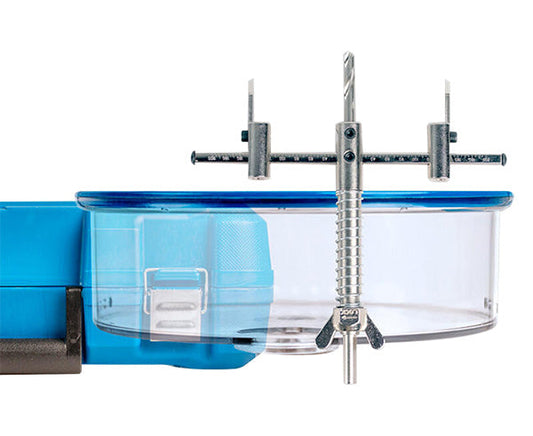 Adjustable Round Hole Cutter w/ Vacuum Port, 9" - Close up of hole cutter with bin - Primus Cable