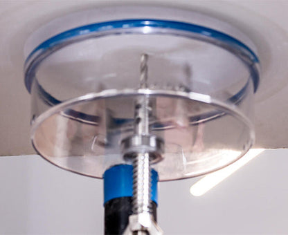 Adjustable Round Hole Cutter w/ Vacuum Port, 9" - In use on ceiling - Primus Cable