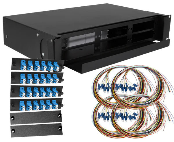 48 Strand Pre-Loaded Single-Mode LC Fiber Patch Panel with UnJacketed Pigtails and Splice Trays, Slide-Out, 2RU