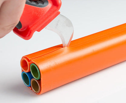 Insulated Cable Sheathing Knife - Close up of curved blade working - Primus Cable