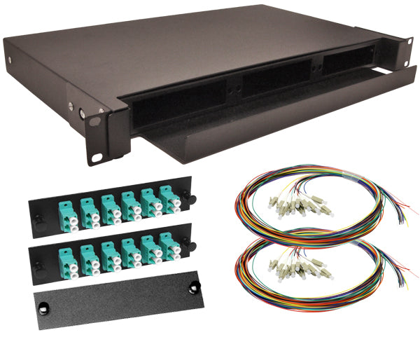 24-Strand Pre-Loaded OM3 Multimode 10G LC Slide-Out 1U Fiber Patch Panel with Unjacketed Pigtails Bundle