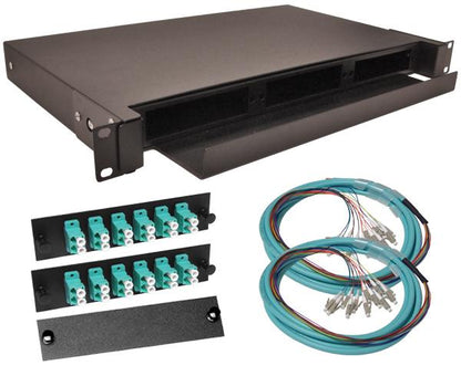 24-Strand Pre-Loaded OM3 10G Multimode LC Slide-Out 1U Fiber Patch Panel with Jacketed Pigtail Bundle