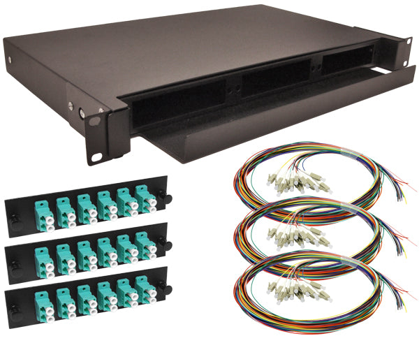 36-Strand Pre-Loaded OM3 Multimode 10G LC Slide-Out 1U Fiber Patch Panel with Unjacketed Pigtails Bundle