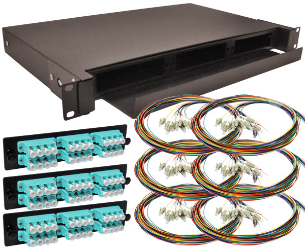 72-Strand Pre-Loaded OM3 Multimode 10G LC Slide-Out 1U Fiber Patch Panel with Unjacketed Pigtails Bundle