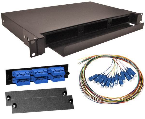 12-Strand Pre-Loaded Single Mode SC Slide-Out 1U Fiber Patch Panel with Unjacketed Pigtail Bundle