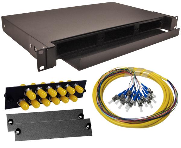 12-Strand Pre-Loaded OS2 Single Mode ST Slide-Out 1U Fiber Patch Panel with Jacketed Pigtail Bundle