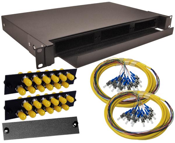 24-Strand Pre-Loaded OS2 Single Mode ST Slide-Out 1U Fiber Patch Panel with Jacketed Pigtail Bundle