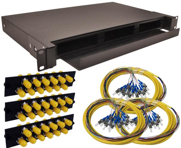 36-Strand Pre-Loaded OS2 Single Mode ST Slide-Out 1U Fiber Patch Panel with Jacketed Pigtail Bundle